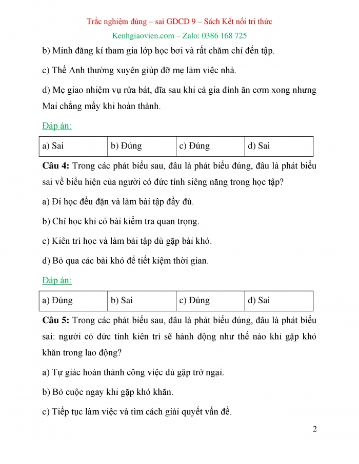 Trắc nghiệm đúng sai Công dân 6 kết nối tri thức