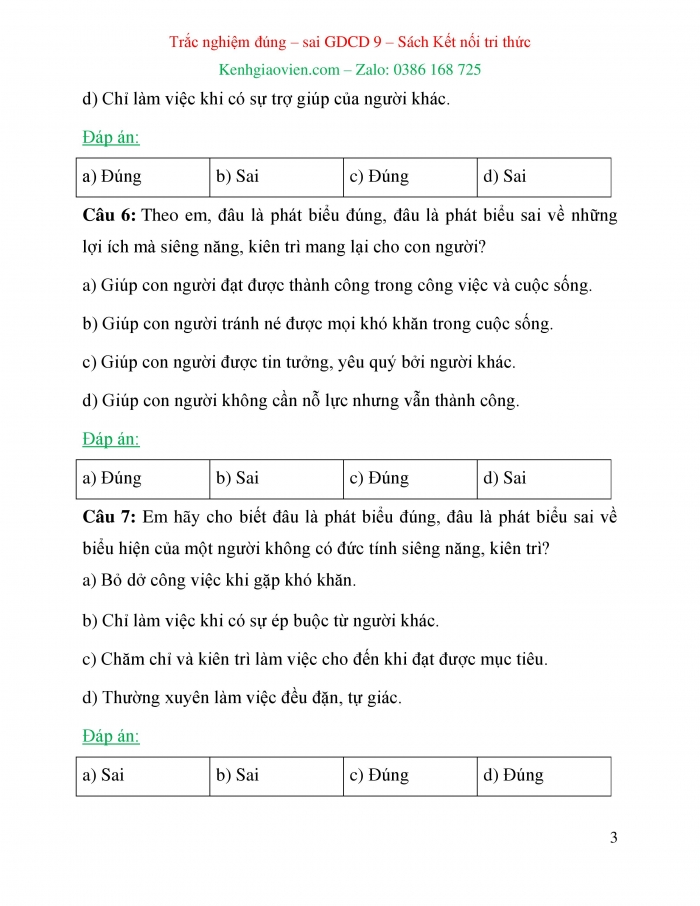 Trắc nghiệm đúng sai Công dân 6 kết nối tri thức