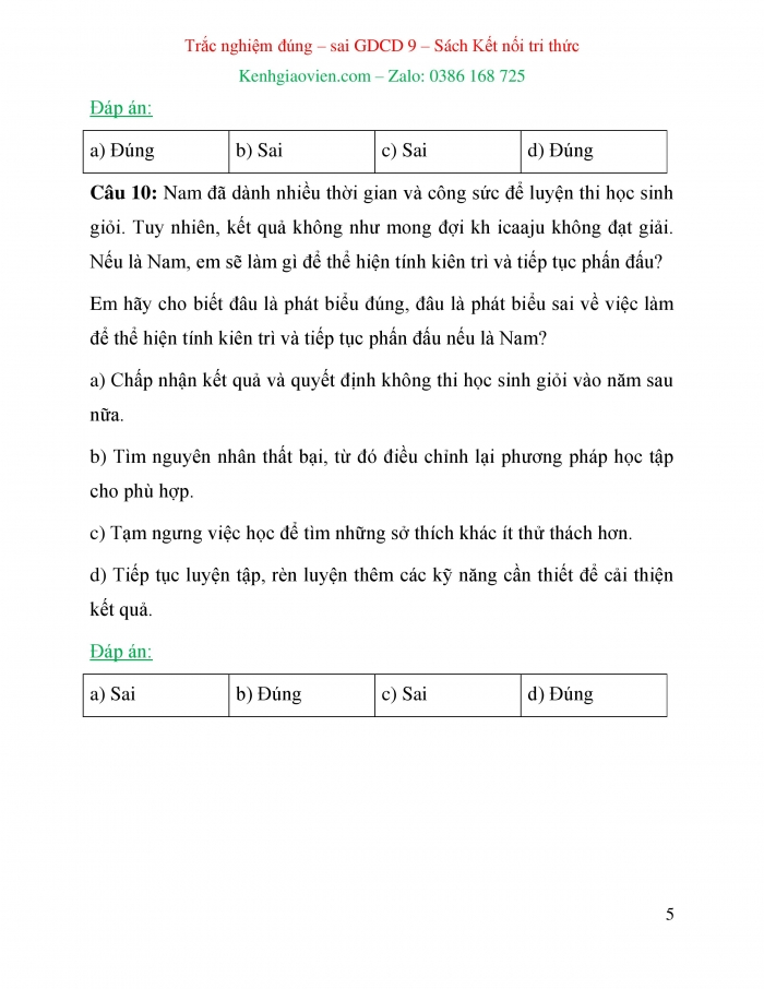 Trắc nghiệm đúng sai Công dân 6 kết nối tri thức