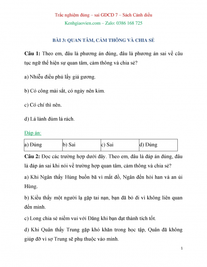 Trắc nghiệm đúng sai Công dân 7 cánh diều