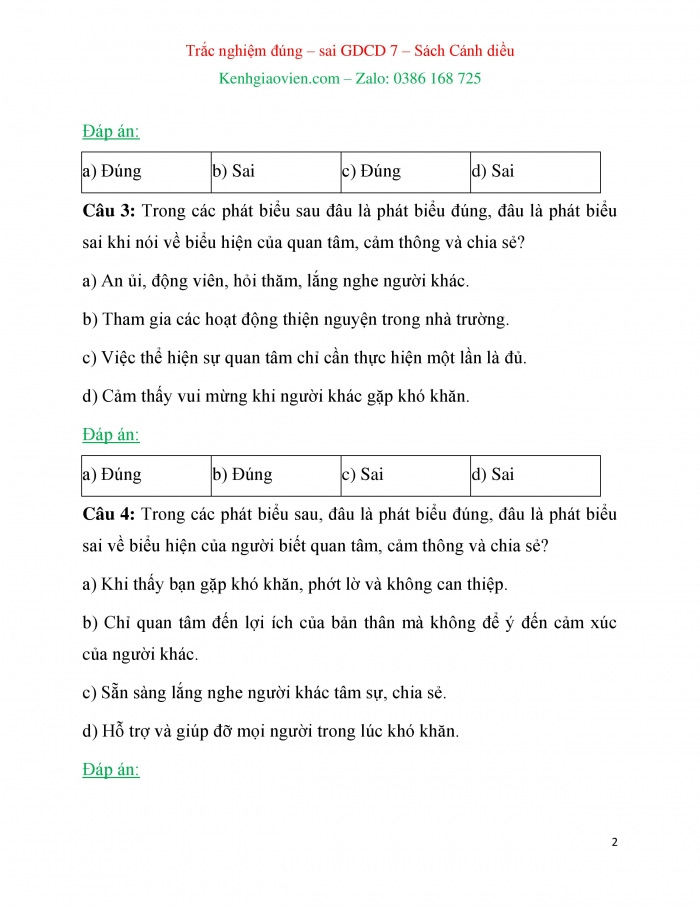 Trắc nghiệm đúng sai Công dân 7 cánh diều