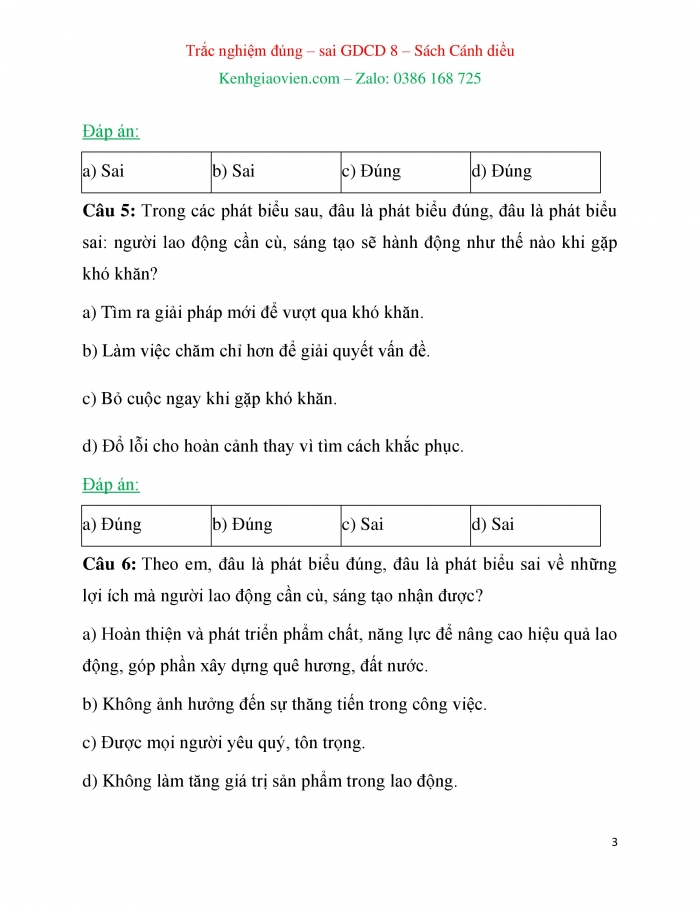 Trắc nghiệm đúng sai Công dân 8 cánh diều