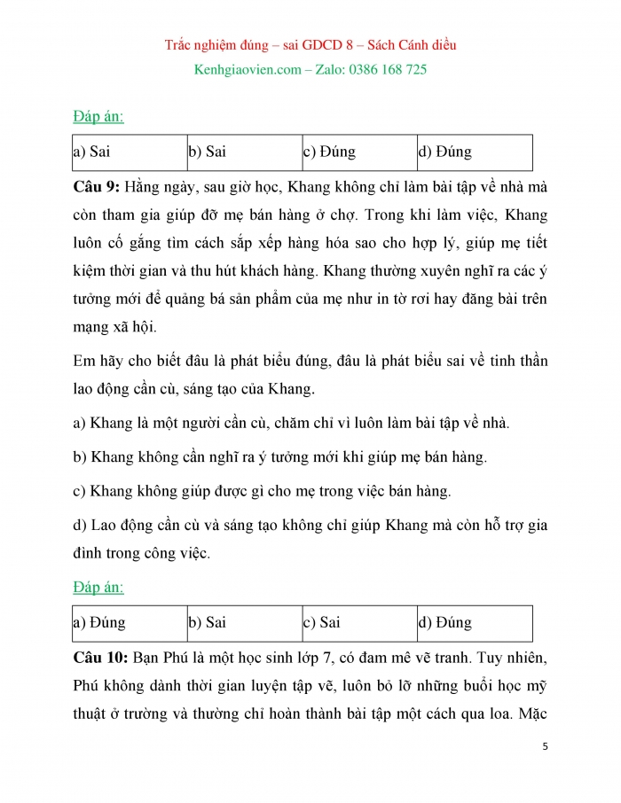 Trắc nghiệm đúng sai Công dân 8 cánh diều