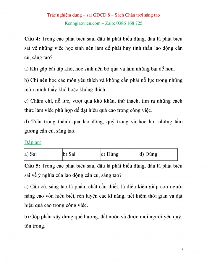 Trắc nghiệm đúng sai Công dân 8 chân trời sáng tạo