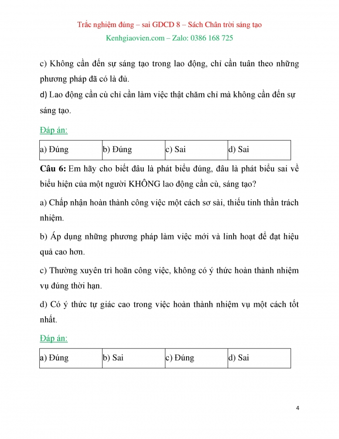 Trắc nghiệm đúng sai Công dân 8 chân trời sáng tạo