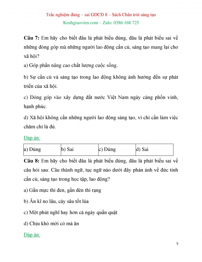 Trắc nghiệm đúng sai Công dân 8 chân trời sáng tạo