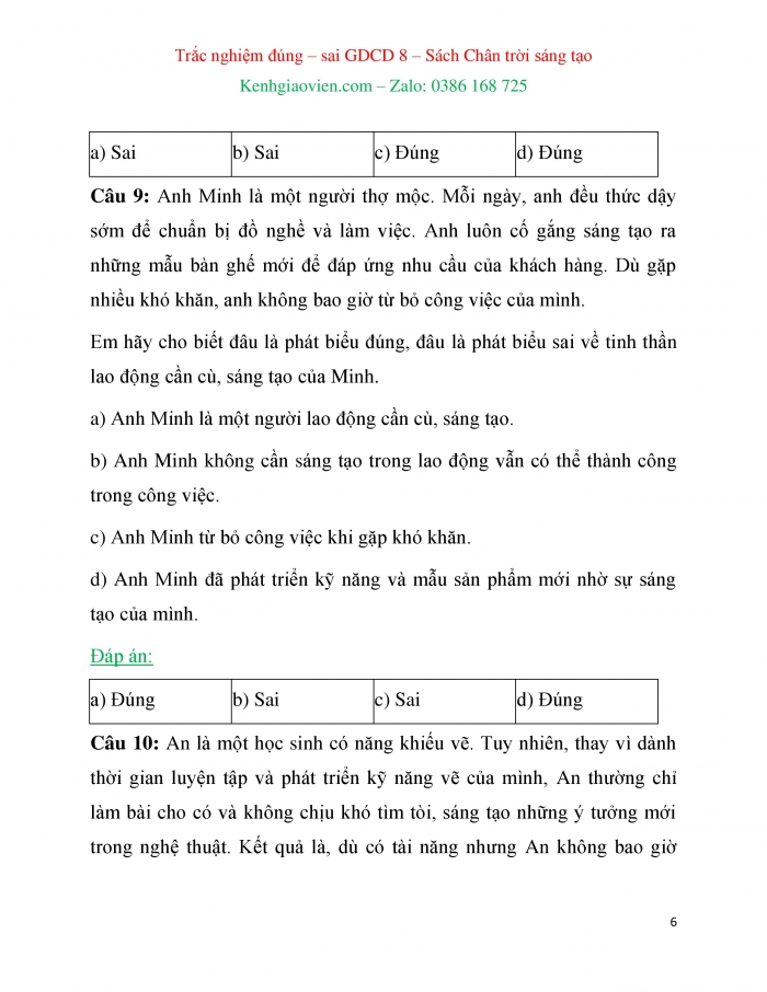 Trắc nghiệm đúng sai Công dân 8 chân trời sáng tạo