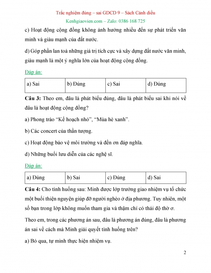 Trắc nghiệm đúng sai Công dân 9 cánh diều