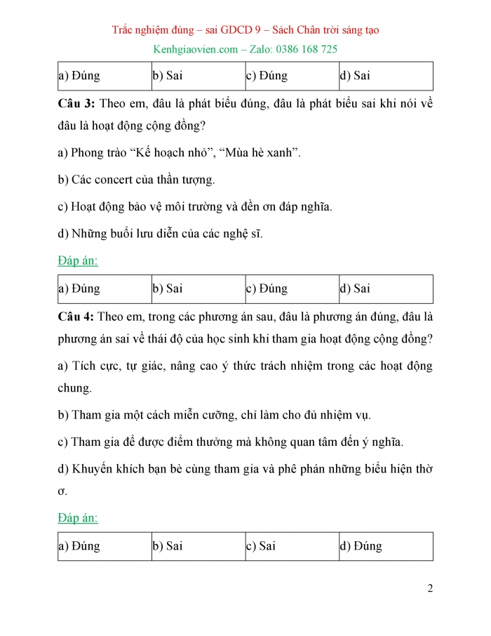 Trắc nghiệm đúng sai Công dân 9 chân trời sáng tạo