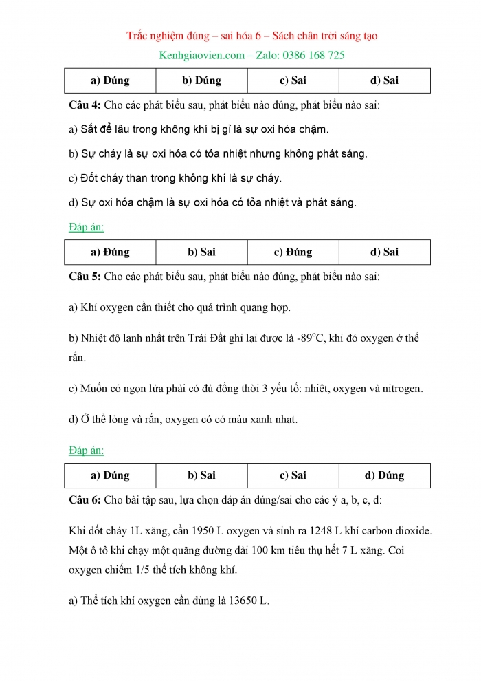 Trắc nghiệm đúng sai Hoá học 6 chân trời sáng tạo