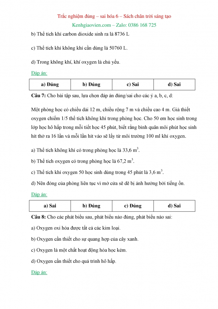 Trắc nghiệm đúng sai Hoá học 6 chân trời sáng tạo