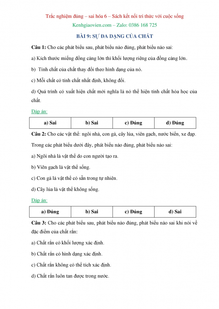 Trắc nghiệm đúng sai Hoá học 6 kết nối tri thức