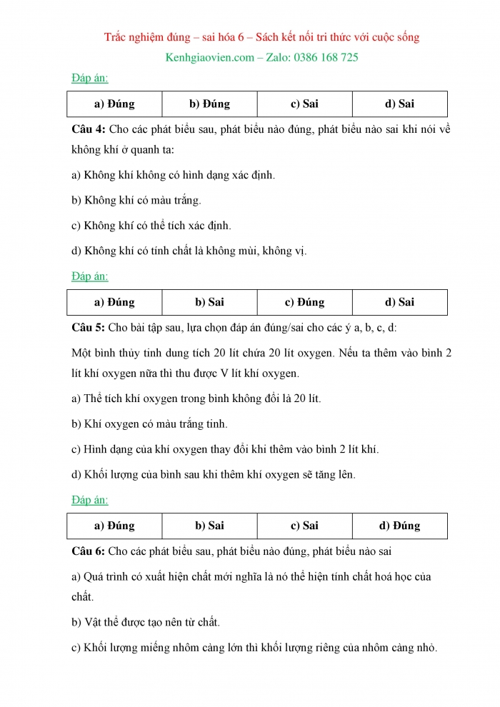Trắc nghiệm đúng sai Hoá học 6 kết nối tri thức