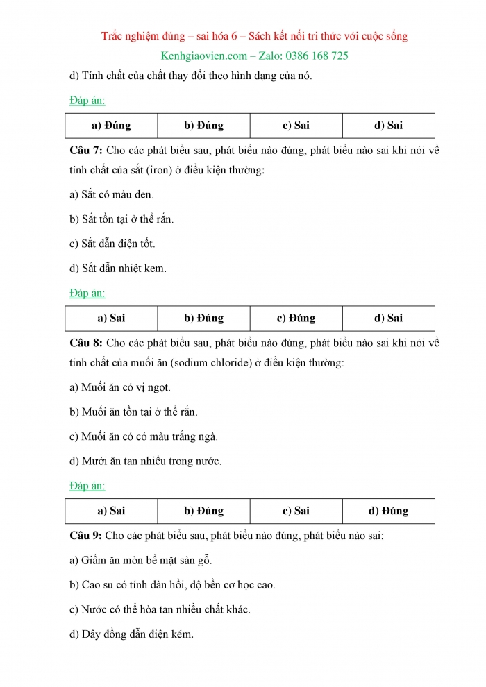 Trắc nghiệm đúng sai Hoá học 6 kết nối tri thức