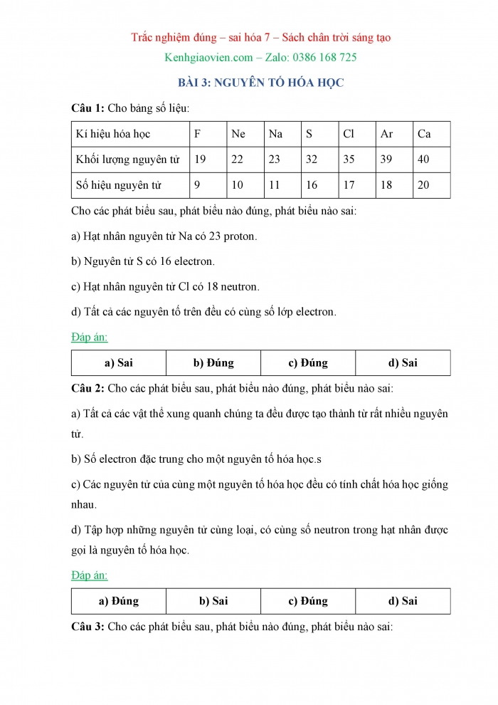 Trắc nghiệm đúng sai Hoá học 7 chân trời sáng tạo