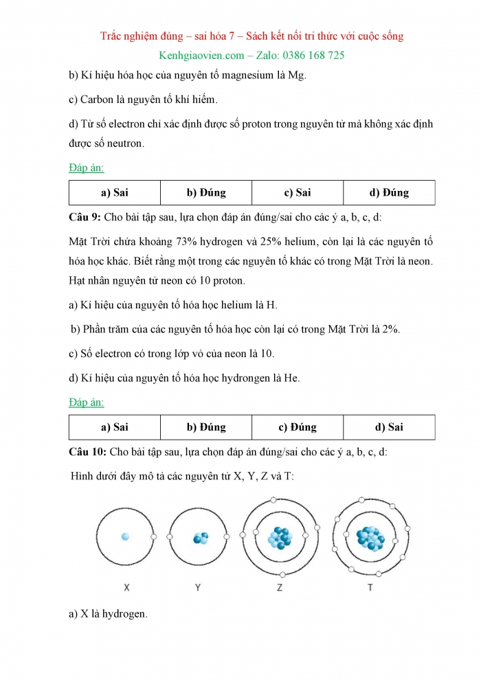 Trắc nghiệm đúng sai Hoá học 7 kết nối tri thức