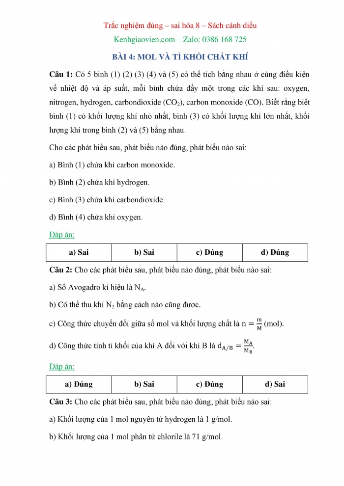 Trắc nghiệm đúng sai Hoá học 8 cánh diều