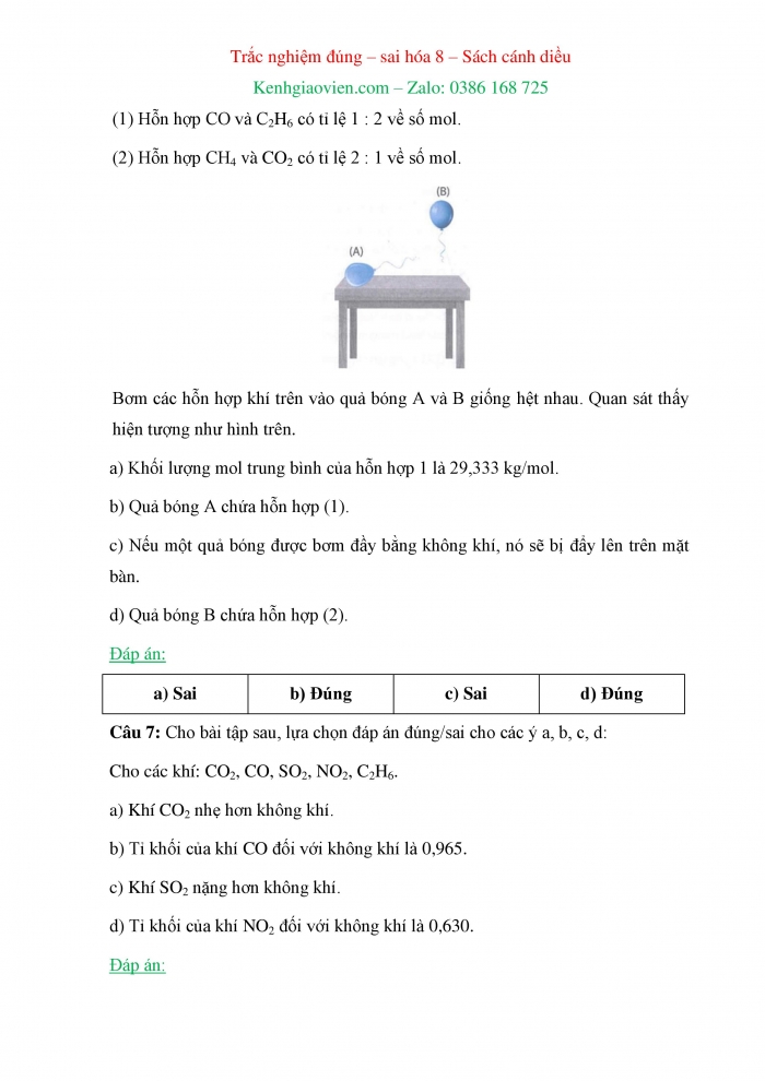 Trắc nghiệm đúng sai Hoá học 8 cánh diều