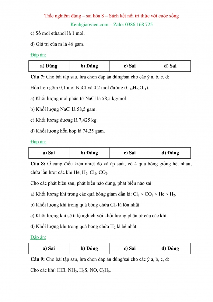Trắc nghiệm đúng sai Hoá học 8 kết nối tri thức