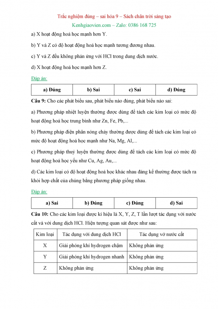 Trắc nghiệm đúng sai Hoá học 9 chân trời sáng tạo