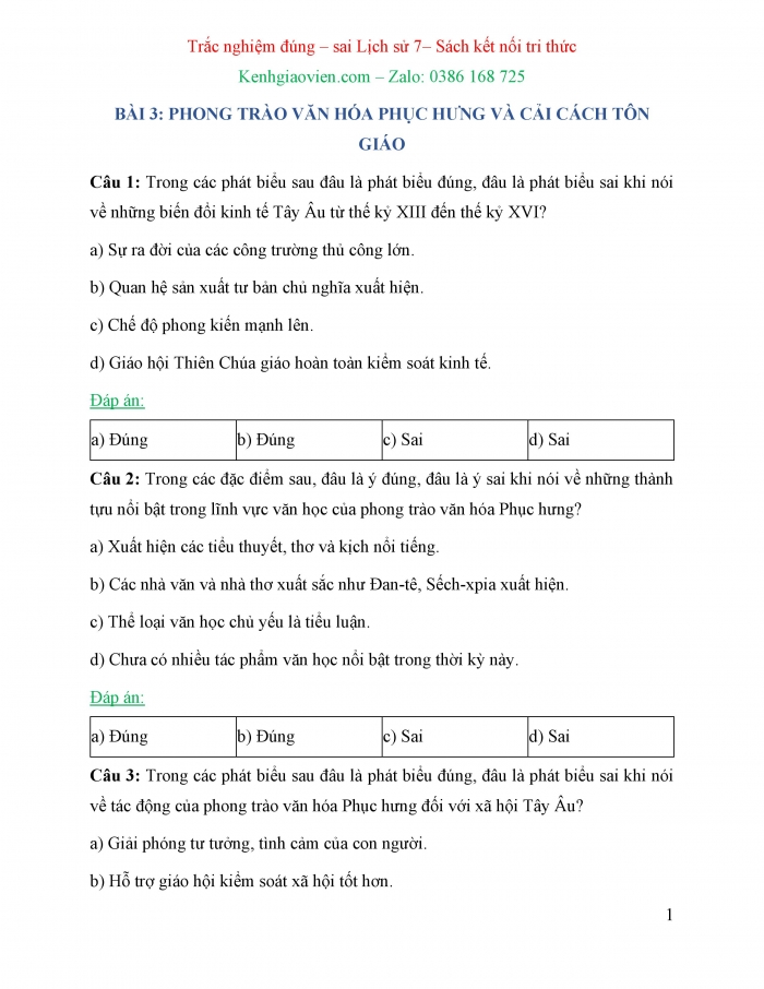 Trắc nghiệm đúng sai Lịch sử 7 kết nối tri thức