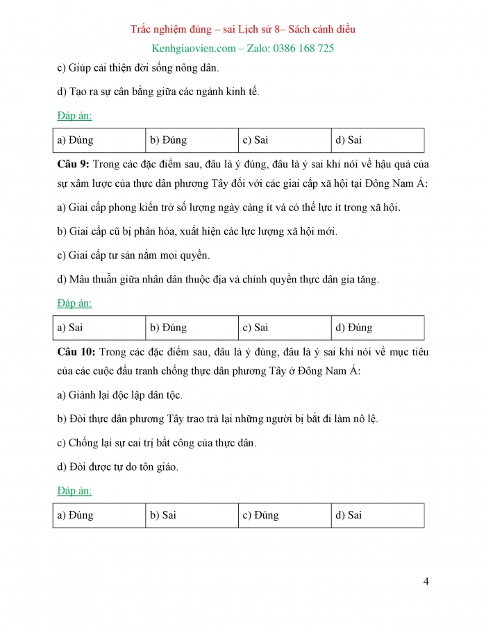 Trắc nghiệm đúng sai Lịch sử 8 cánh diều