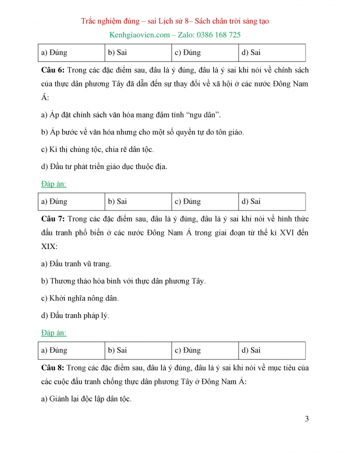 Trắc nghiệm đúng sai Lịch sử 8 chân trời sáng tạo