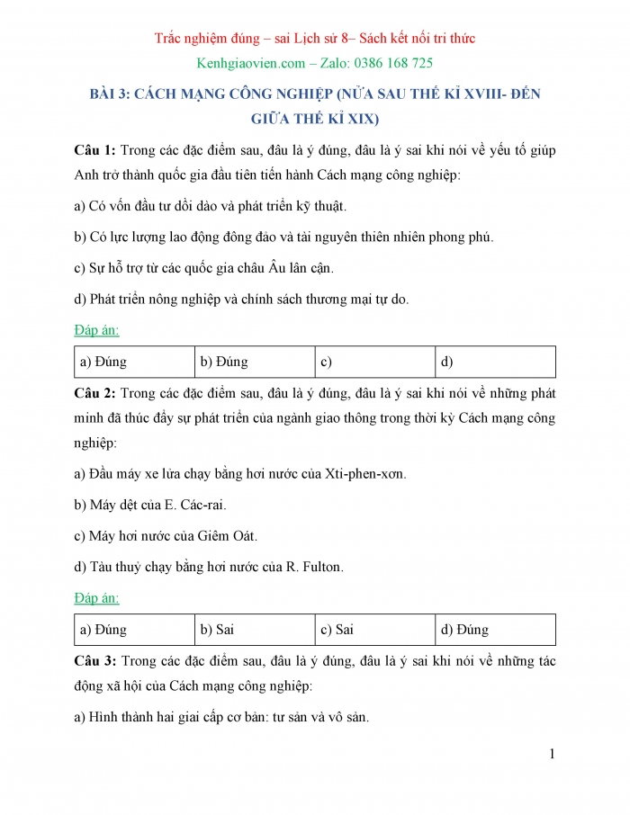 Trắc nghiệm đúng sai Lịch sử 8 kết nối tri thức