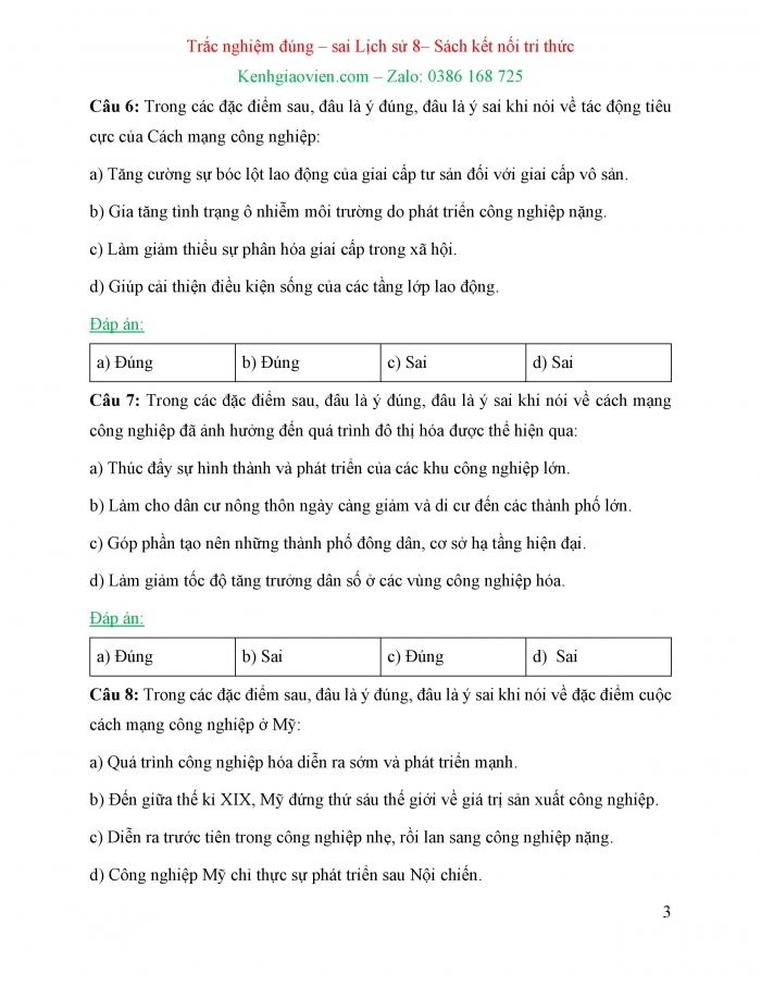 Trắc nghiệm đúng sai Lịch sử 8 kết nối tri thức