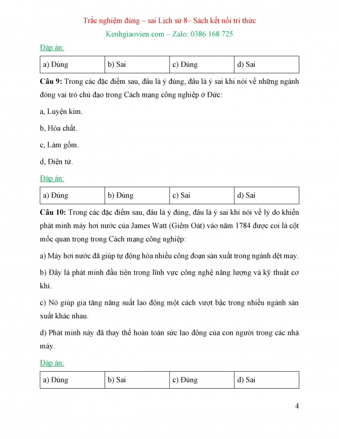 Trắc nghiệm đúng sai Lịch sử 8 kết nối tri thức