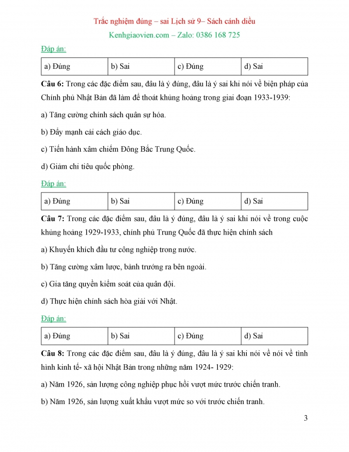 Trắc nghiệm đúng sai Lịch sử 9 cánh diều