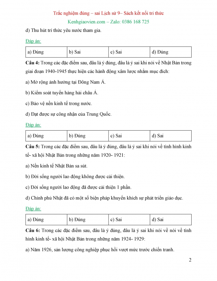 Trắc nghiệm đúng sai Lịch sử 9 kết nối tri thức