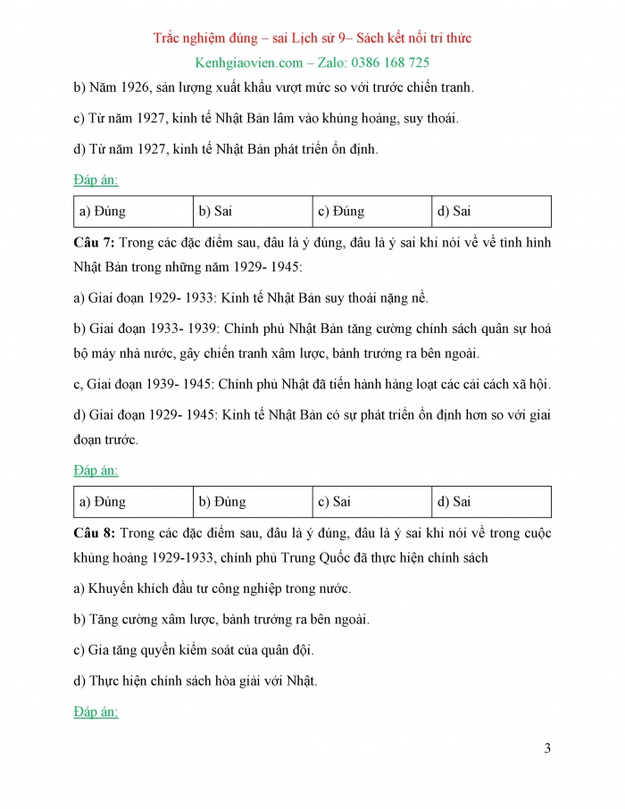 Trắc nghiệm đúng sai Lịch sử 9 kết nối tri thức