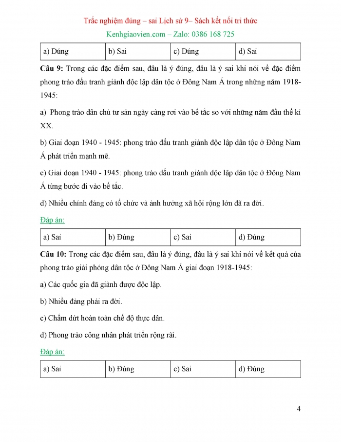 Trắc nghiệm đúng sai Lịch sử 9 kết nối tri thức