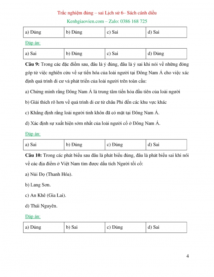 Trắc nghiệm đúng sai Lịch sử 6 cánh diều