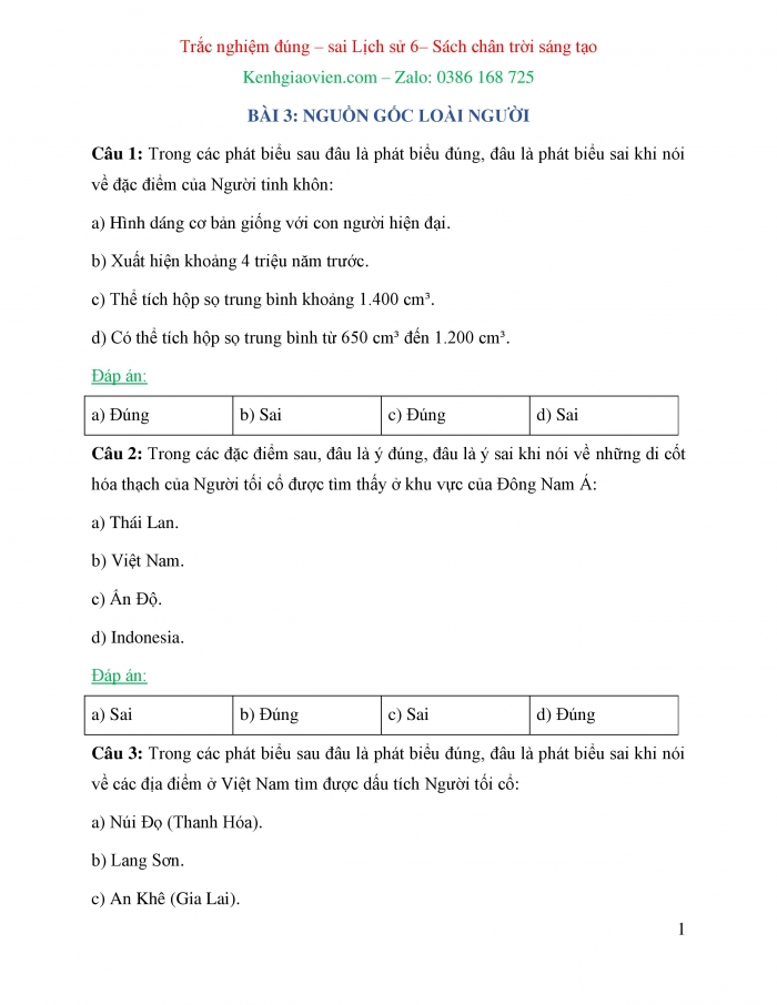 Trắc nghiệm đúng sai Lịch sử 6 chân trời sáng tạo