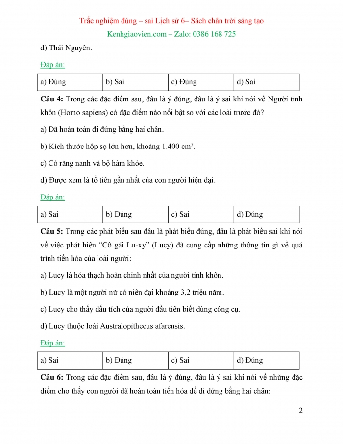 Trắc nghiệm đúng sai Lịch sử 6 chân trời sáng tạo