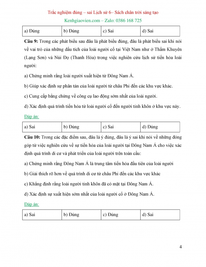 Trắc nghiệm đúng sai Lịch sử 6 chân trời sáng tạo