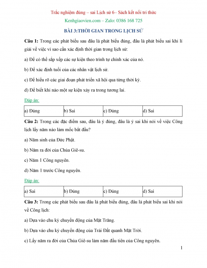 Trắc nghiệm đúng sai Lịch sử 6 kết nối tri thức