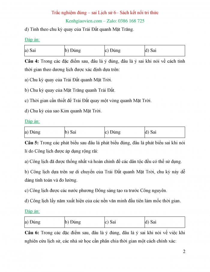 Trắc nghiệm đúng sai Lịch sử 6 kết nối tri thức