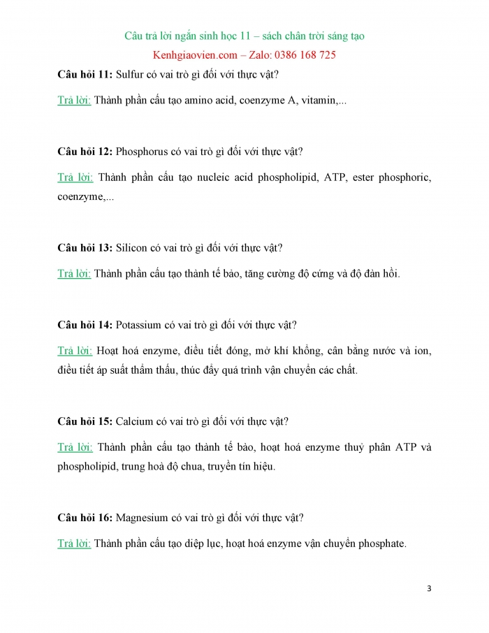 Trắc nghiệm dạng câu trả lời ngắn Sinh học 11 chân trời sáng tạo