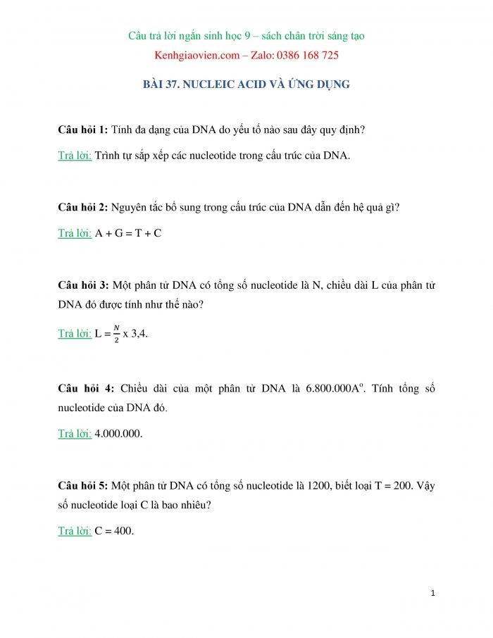 Trắc nghiệm dạng câu trả lời ngắn Sinh học 9 chân trời sáng tạo