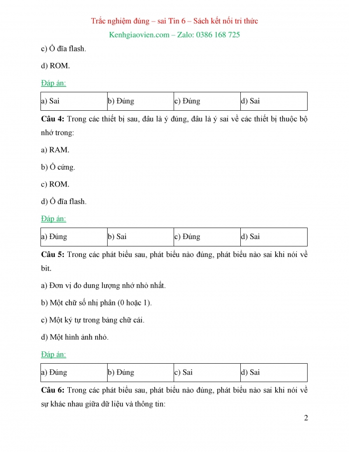 Trắc nghiệm đúng sai Tin học 6 kết nối tri thức