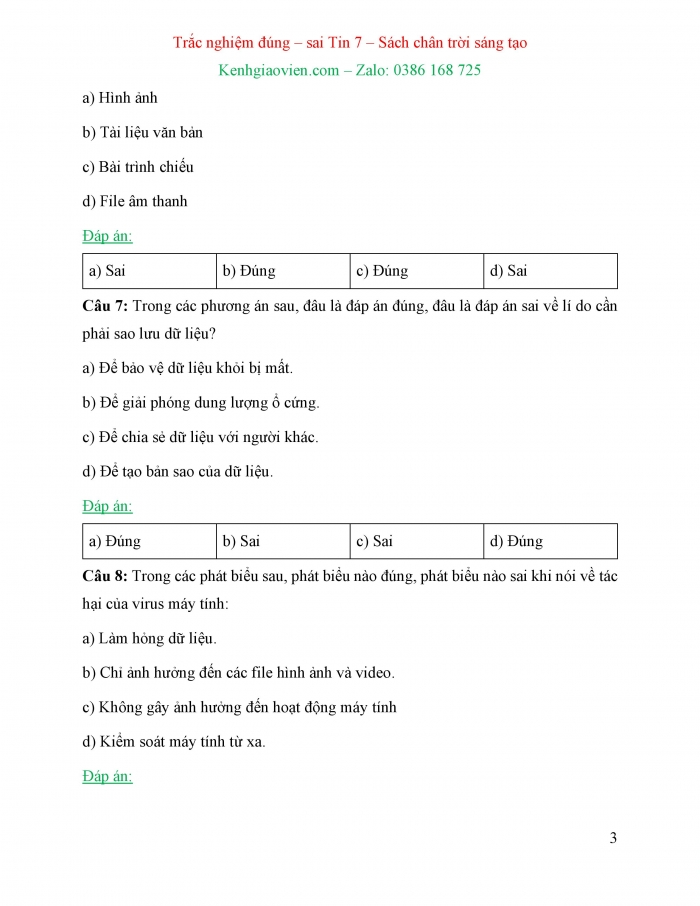 Trắc nghiệm đúng sai Tin học 7 chân trời sáng tạo