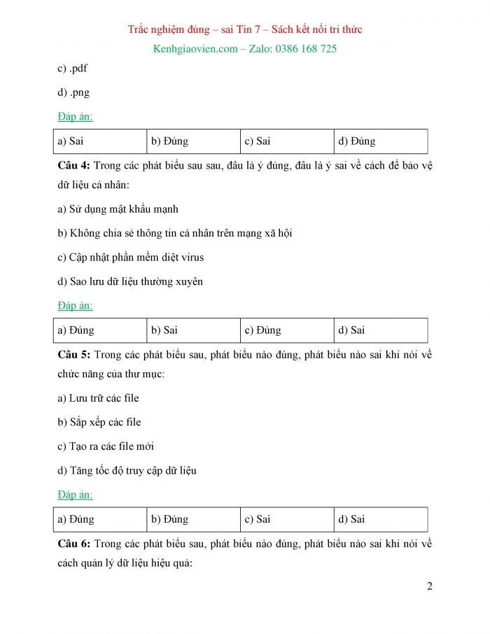 Trắc nghiệm đúng sai Tin học 7 kết nối tri thức