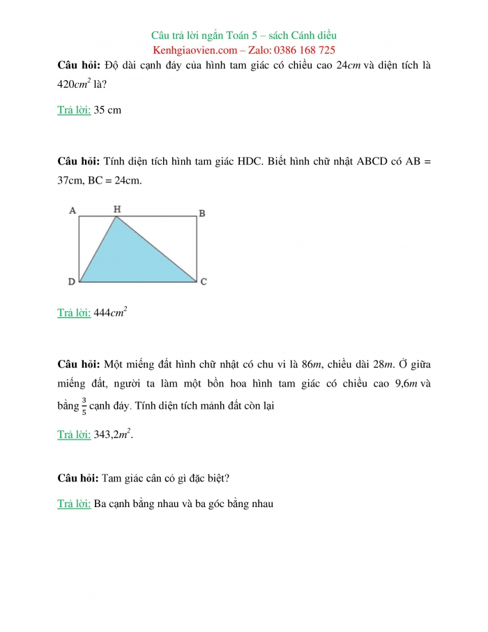 Trắc nghiệm dạng câu trả lời ngắn Toán 5 cánh diều