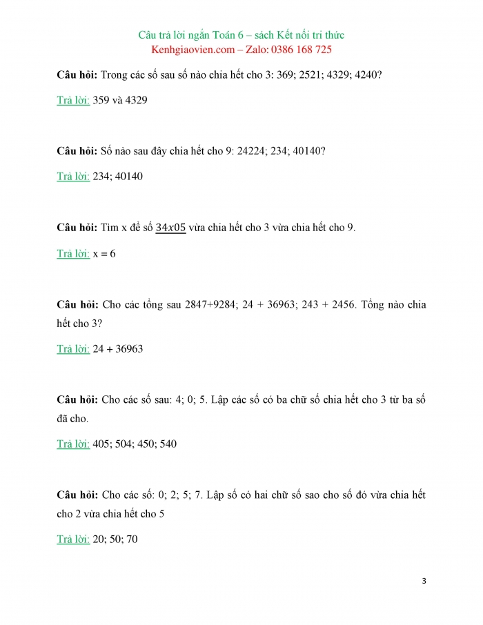 Trắc nghiệm dạng câu trả lời ngắn Toán 6 kết nối tri thức