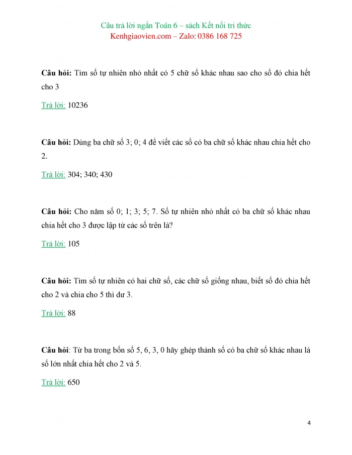 Trắc nghiệm dạng câu trả lời ngắn Toán 6 kết nối tri thức