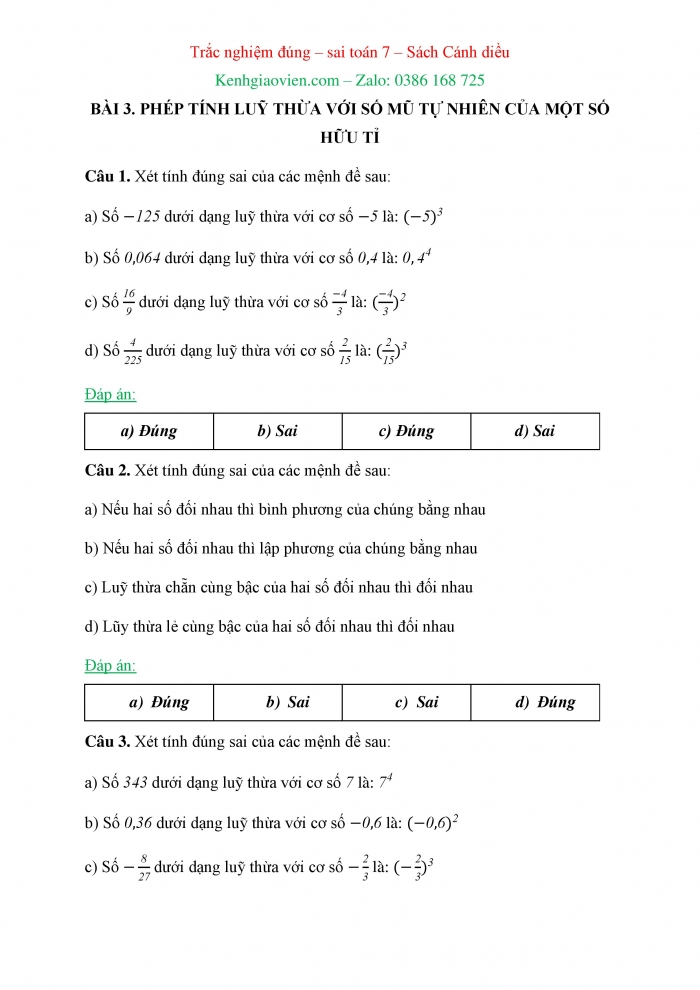 Trắc nghiệm đúng sai Toán 7 cánh diều