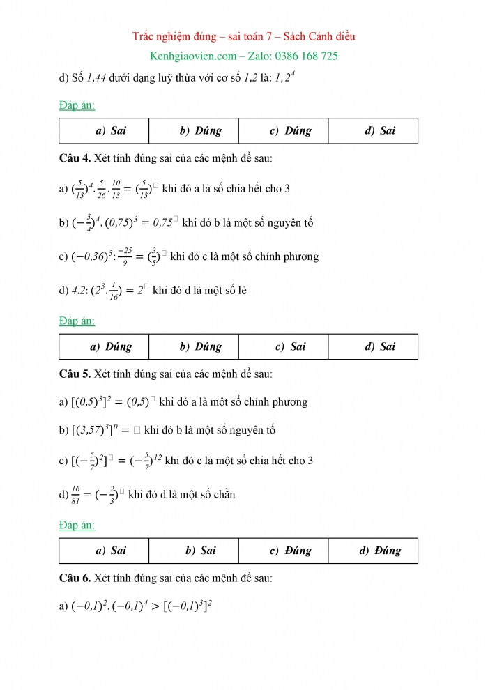 Trắc nghiệm đúng sai Toán 7 cánh diều